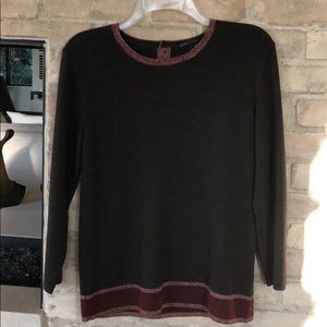 Chocolate sweater with burgundy/gold piping. Soft.